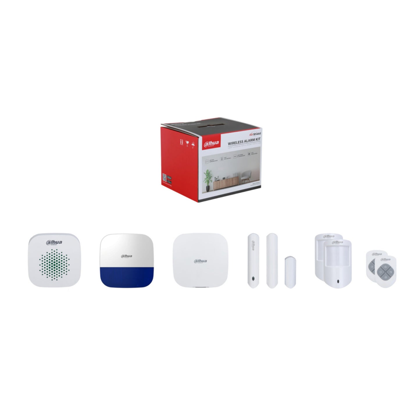 Dahua Airshield Intruder Alarm Kit with 1 x 2G Hub, 2 x PIR, 1 x Magnetic Contact, 2 x Keyfobs, 1 x Internal Siren, 1 x External Siren (white with blue strobe)