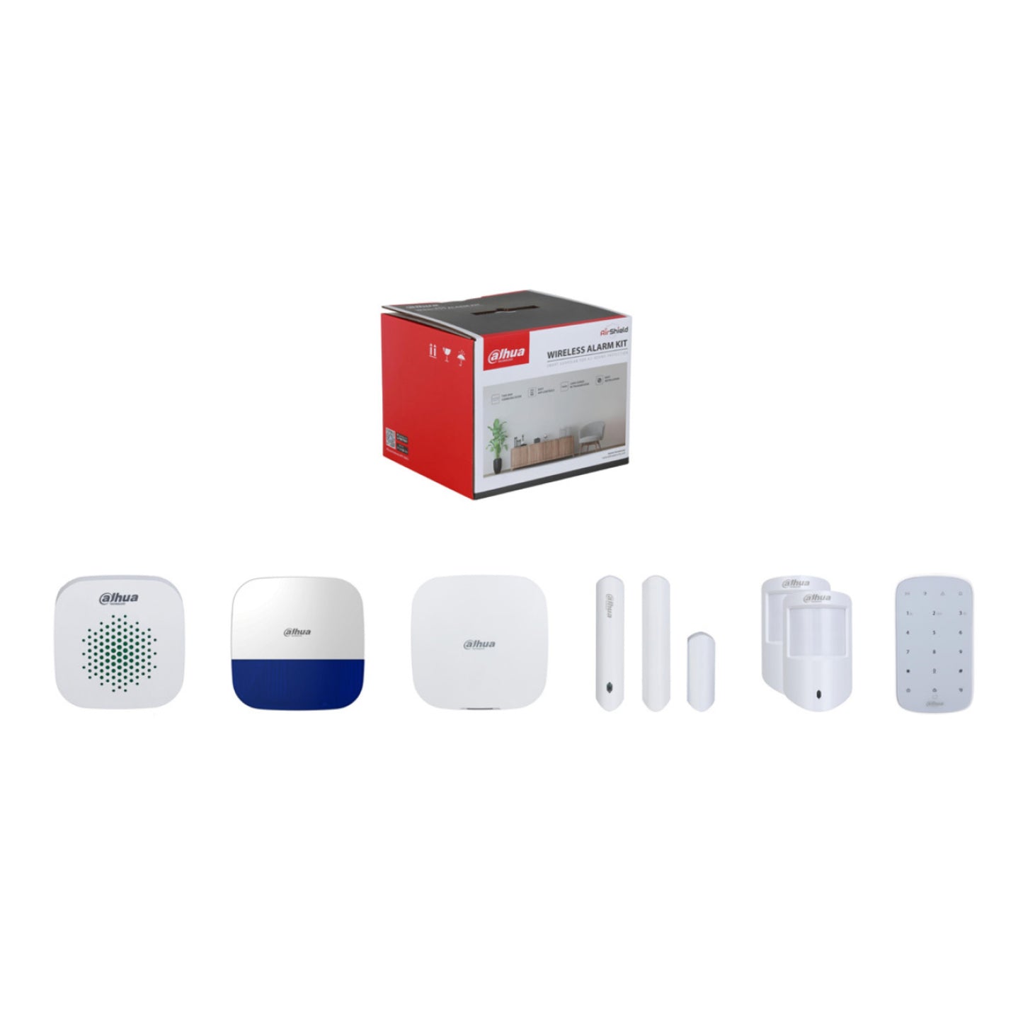 Dahua Airshield Intruder Alarm Kit with 1 x 2G Hub, 2 x PIR, 1 x Magnetic Contact, 1 x Keypad, 1 x Internal Siren, 1 x External Siren (white with blue strobe)