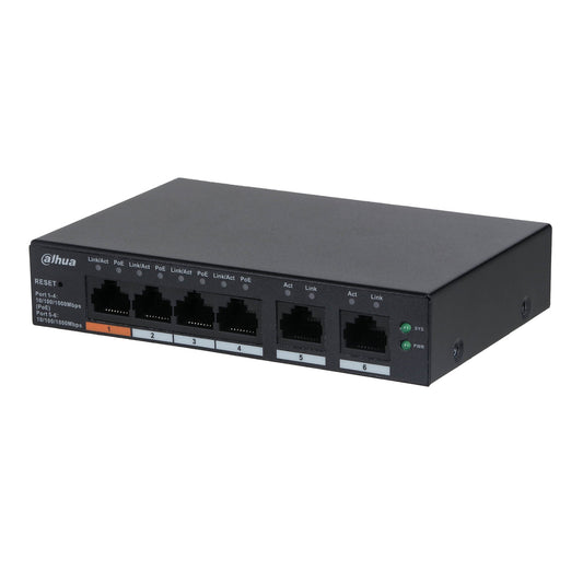 Dahua 4 Port Layer 2 Managed Gigabit Switch, Cloud Management via Dolynk, 4 x 10/100/1000 PoE+ (1 x High PoE), max 60W, 2 x Gigabit Uplink Ports, 53Vdc PSU