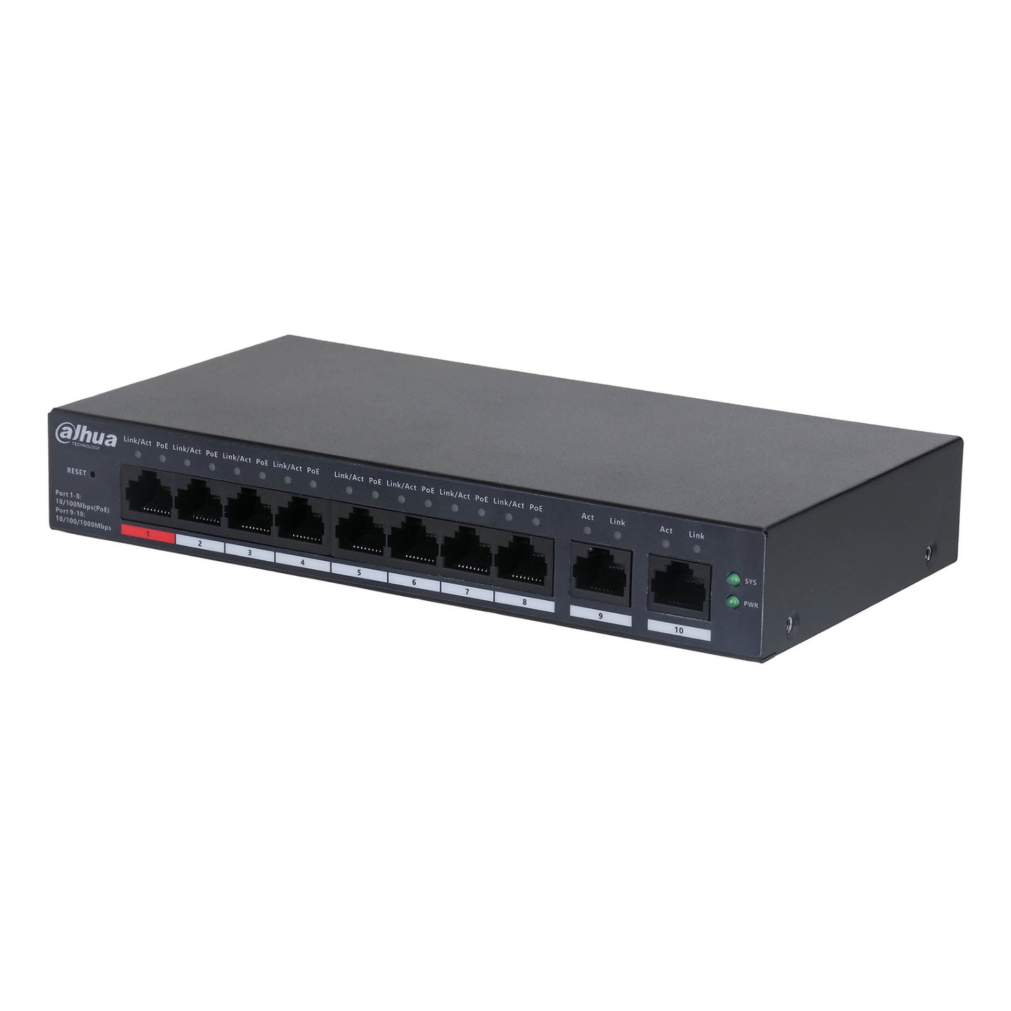 Dahua 8 Port PoE+ (1 x 802.3bt 90W) Layer 2 Managed Switch, Cloud Management via Dolynk, Max 110W, 2 x Gigabit Uplink Ports, 250m transmission, PoE Watchdog, 54Vdc PSU