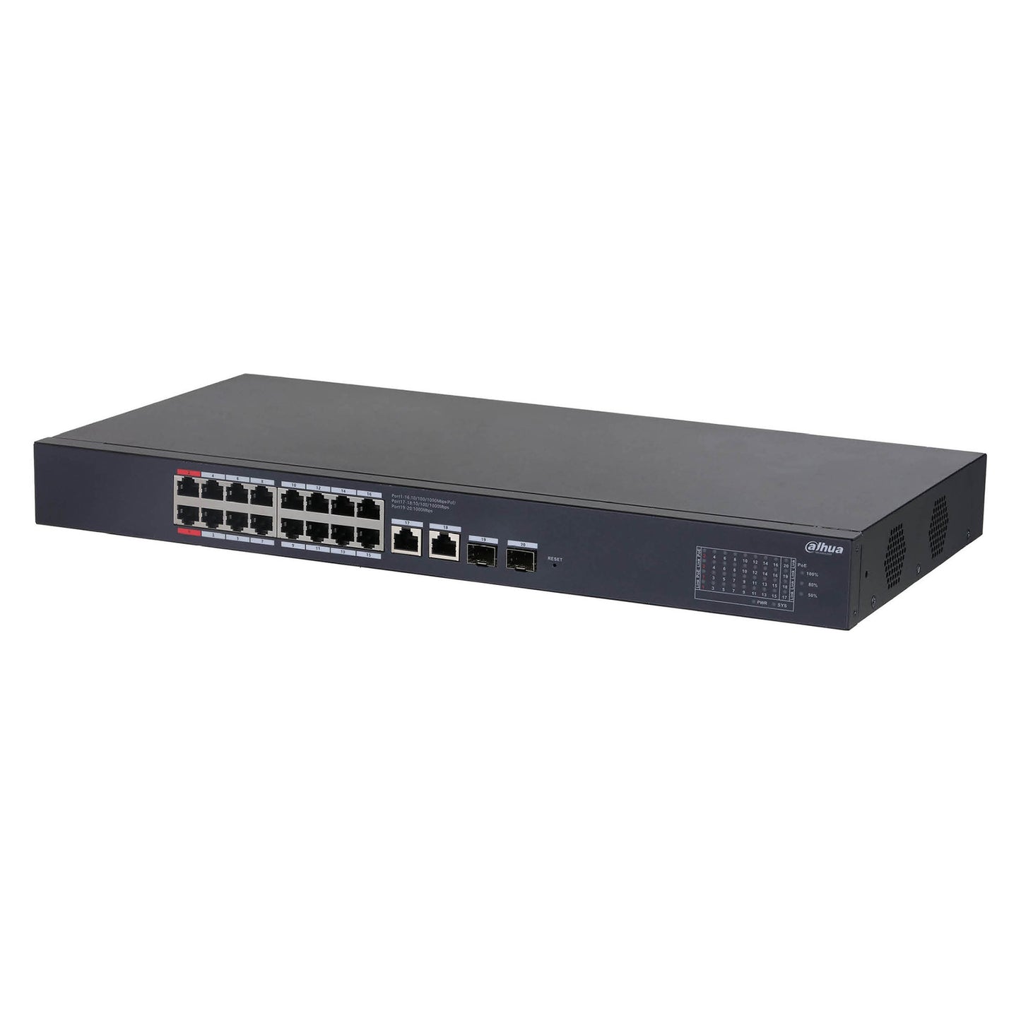 Dahua 16 Port Layer 2 Managed Gigabit Switch, Cloud Management via Dolynk, 16 x 10/100/ 1000 PoE+ (2 x 802.3bt 90W), Max 240W, 2 x Gigabit Uplink Ports, 2 x SFP Uplink Ports, PoE Watchdog, 240Vac input