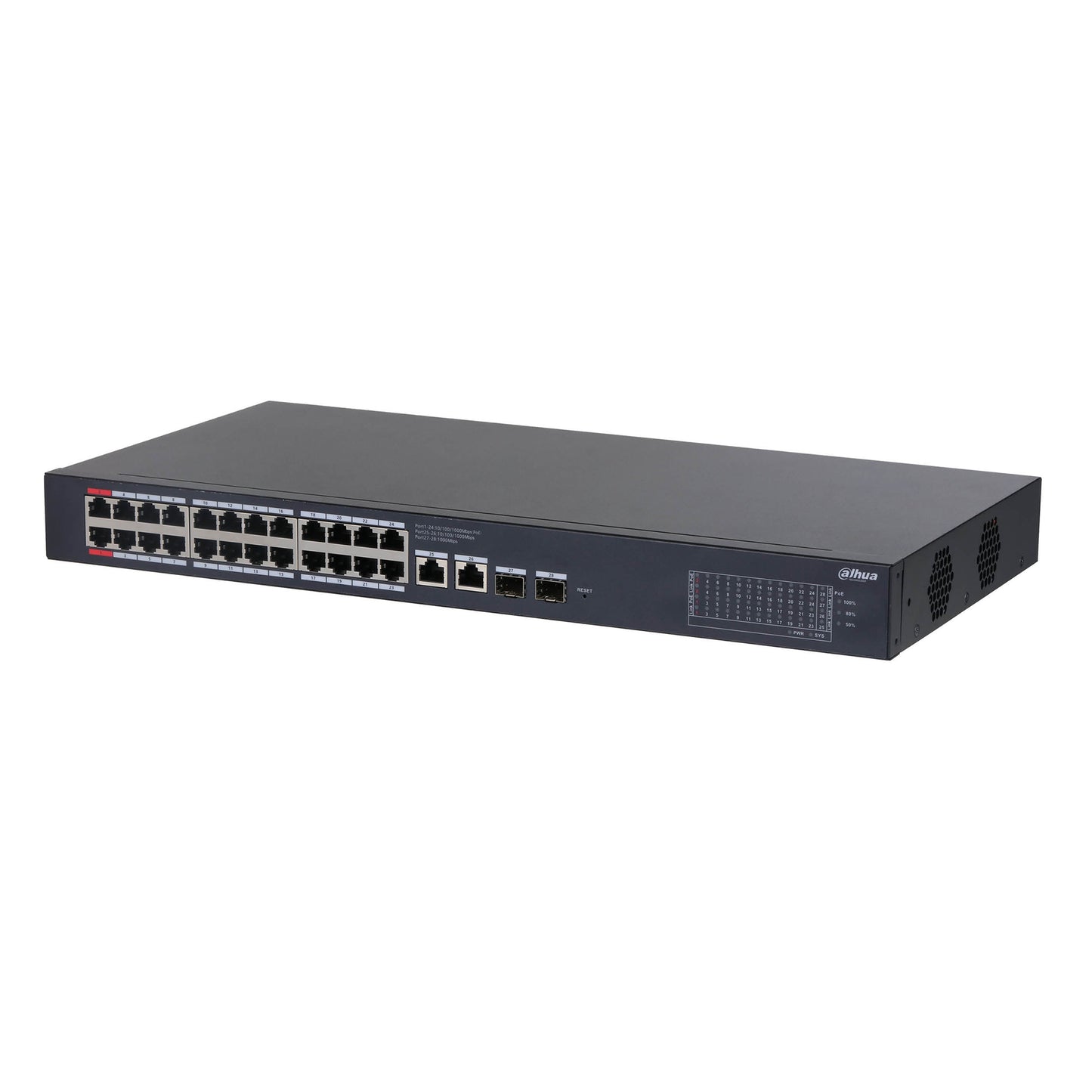 Dahua 24 Port Layer 2 Managed Gigabit Switch, Cloud Management via Dolynk, 24 x 10/100/1000 PoE+ (2 x 802.3bt 90W), Max 375W, 2 x Gigabit Uplink Ports, 2 x SFP Uplink Ports, PoE Watchdog, 240Vac input
