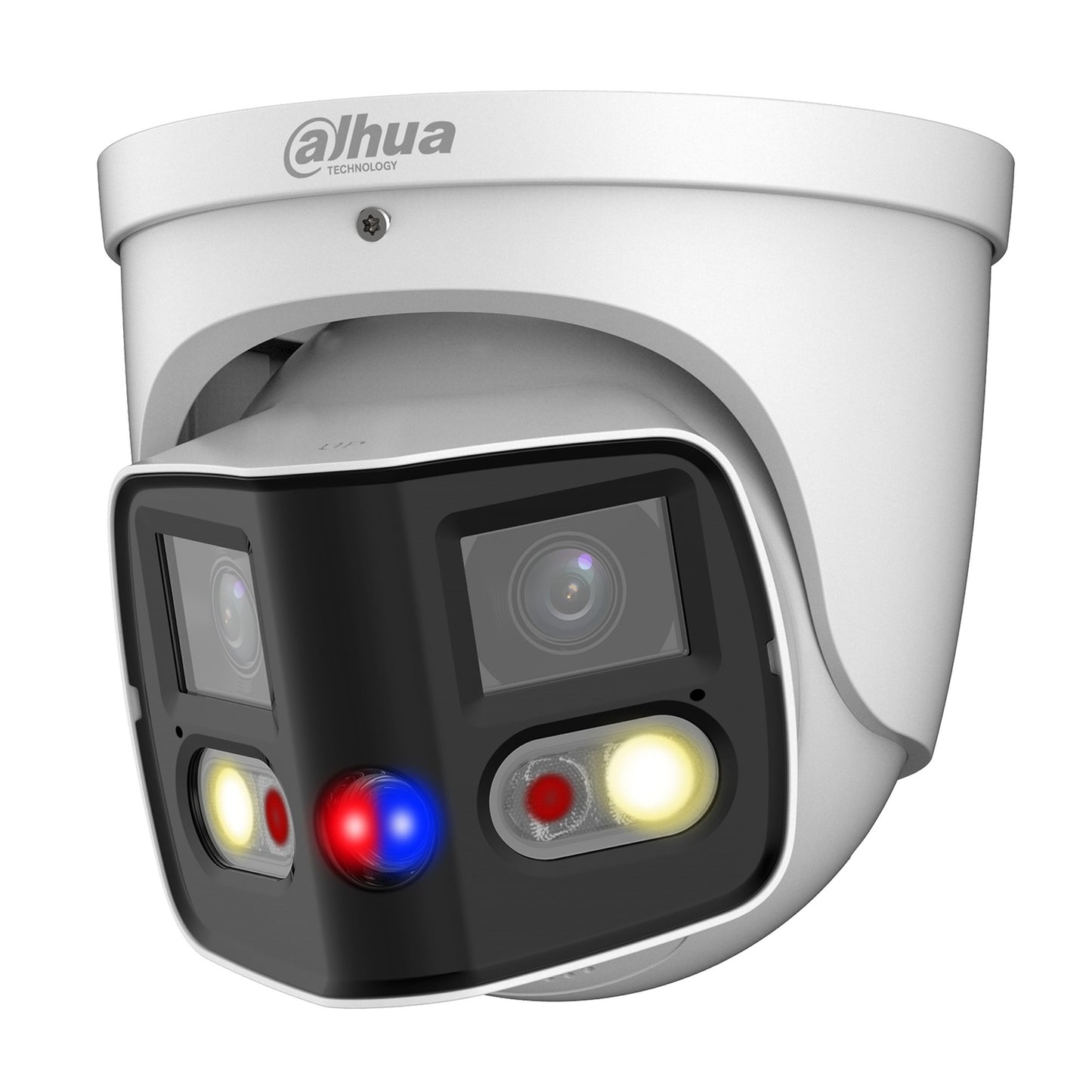 Dahua WizSense 2 x 4MP Duo TiOC 2.0 H.265+ 'Active-Deterrent' Turret, 180 Deg. Spliced Image, SMD Plus, Starlight, WDR, Smart Dual Light, Red & Blue LEDs, Integrated Speaker, Alarm In/Out, Audio In/Out, Mic, SD Card, 2.8mm lens, PoE, 12Vdc