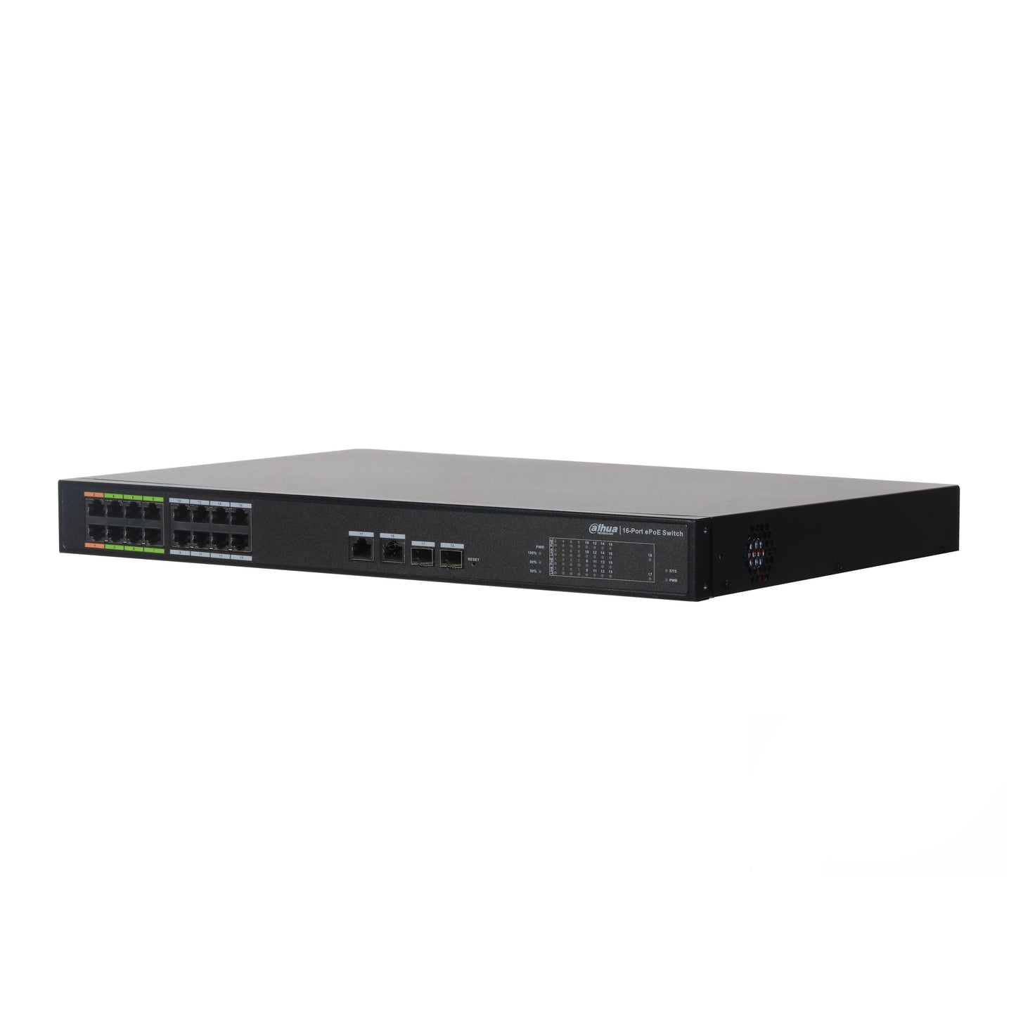 Dahua 16 Port PoE+ (2 x High PoE) Switch, 8 x EPoE, 8 X PoE, Max 240W, E-PoE function for 800m transmission, 100-240Vac