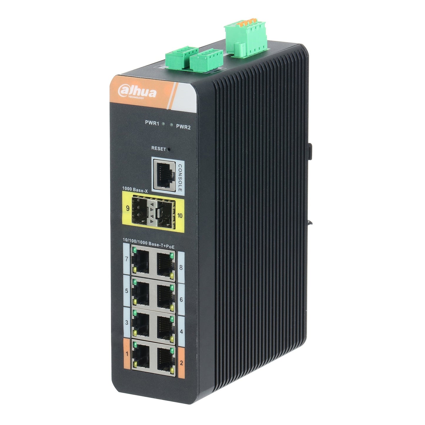 Dahua 8 Port Layer 2 Managed Gigabit Industrial Switch,Port 1 & 2 90W Hi-PoE, Port 3-8 PoE+, max 120W, 2 x SFP Ports, PoE Watchdog, DIN Rail Mounting, 48-57Vdc Input