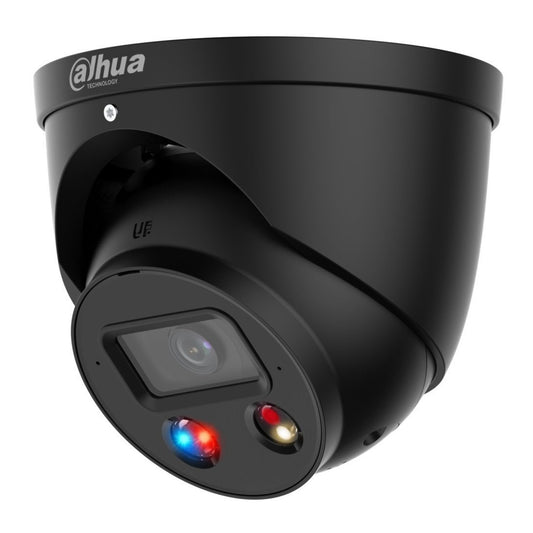 Dahua WizSense 5MP TiOC 2.0 H.265+ 'Active-Deterrent' Turret, SMD Plus, Starlight, WDR, Smart Dual Illuminator (IR/White Light), Red and Blue Flashing Alarm LEDs, Integrated Speaker, Alarm In/Out, Audio In/Out, Mic, SD Card, 2.8mm lens, PoE, 12Vdc, Black