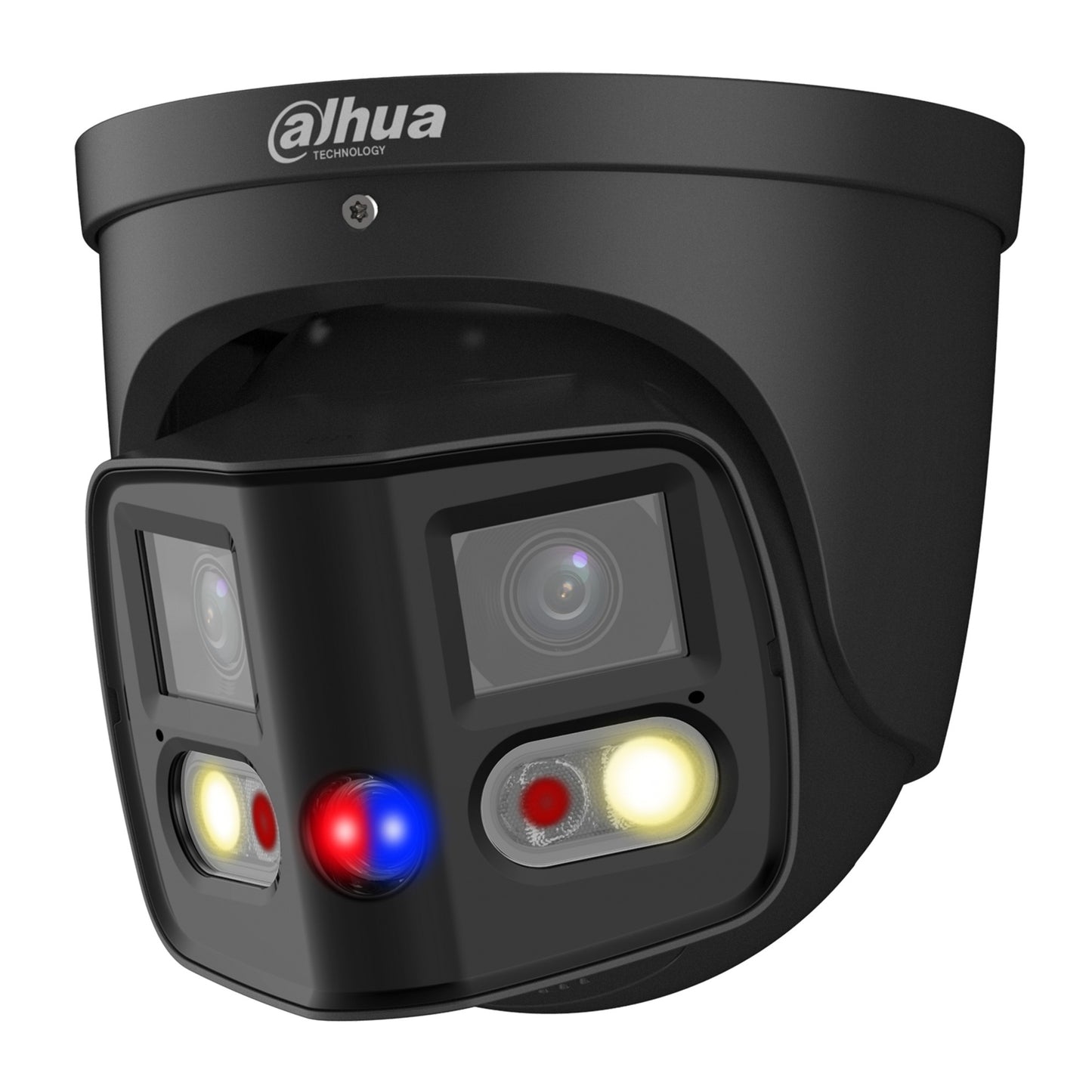 Dahua WizSense 2 x 4MP Duo TiOC 2.0 H.265+ 'Active-Deterrent' Turret, 180 Deg. Spliced Image, SMD Plus, Starlight, WDR, Smart Dual Light, Red & Blue LEDs, Integrated Speaker, Alarm In/Out, Audio In/Out, Mic, SD Card, 2.8mm lens, PoE, 12Vdc, Black