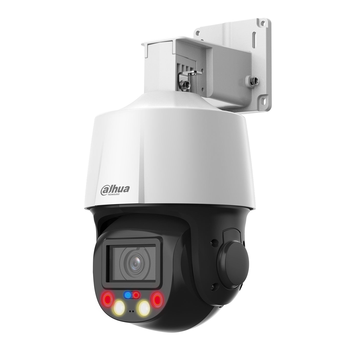 Dahua WizSense H.265+ 4MP 5X 'TiOC' PTZ, SMD Plus, Smart Dual Illuminator (IR/White Light), Red & Blue LEDs, Integrated Speaker & Mic 2 Way, Perimeter, Auto Tracking Lite, 1 x Alarm Input/1 x Output, IP66, 12VDC/PoE+, wall mount bracket