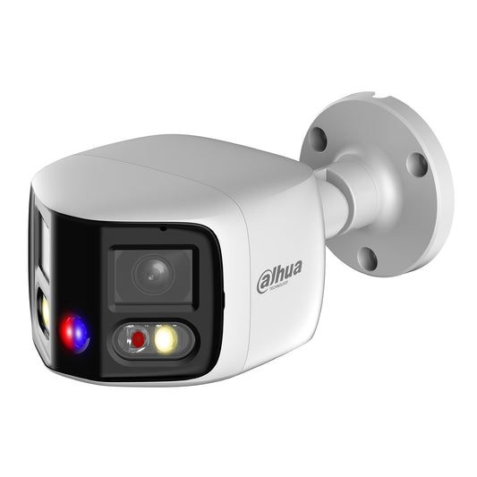 Dahua WizSense 2x4MP Duo Splicing TiOC 2.0 H.265+ 'Active-Deterrent' Bullet, 180 Deg Image, SMD Plus, Starlight, WDR, Smart Dual Lights (IR/White Light), Red & Blue LEDs, Integrated Speaker, Alarm In/Out, Audio In/Out, Mic, SD Card, 2.8mm lens, PoE, 12Vdc