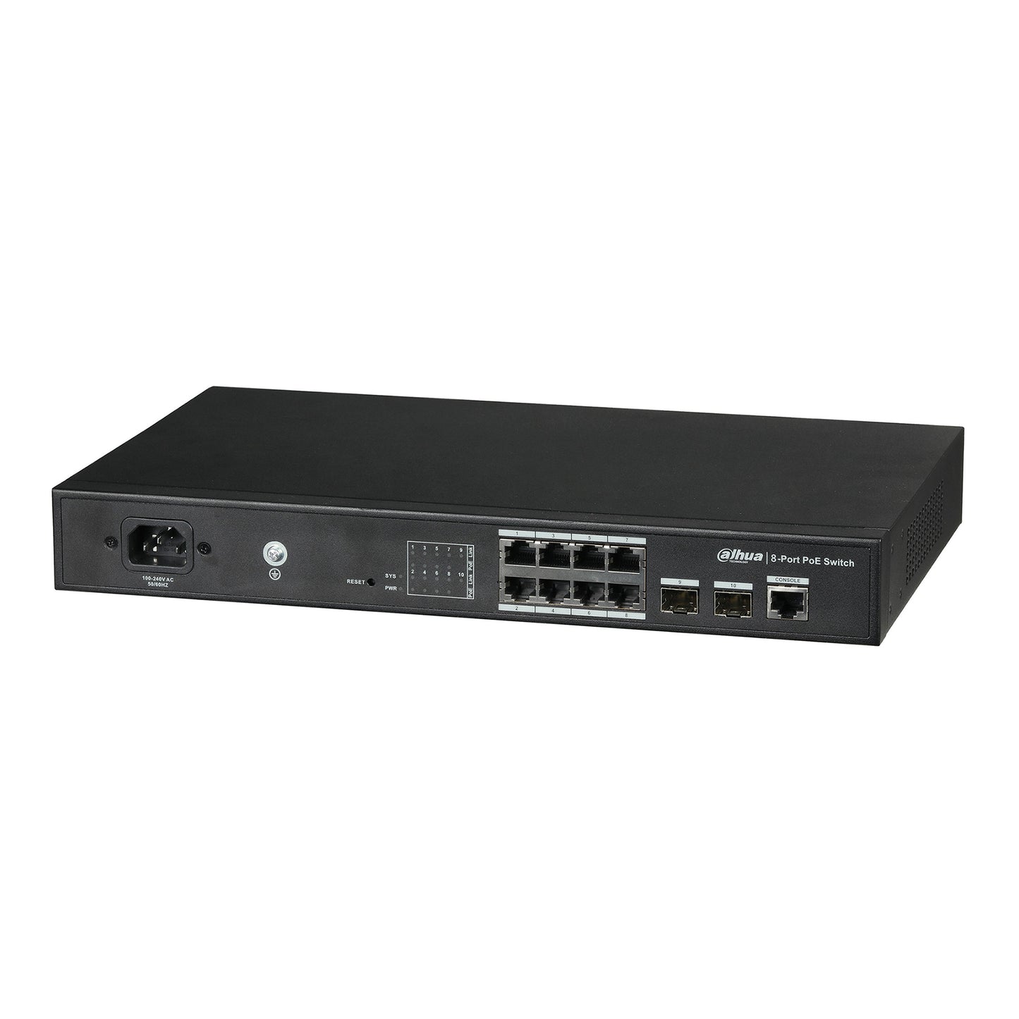 Dahua 8 Port Layer 2 Managed Gigabit Switch, 8 x 10/100/ 1000 PoE+, max 150W, 2 x SFP Ports, 240Vac input