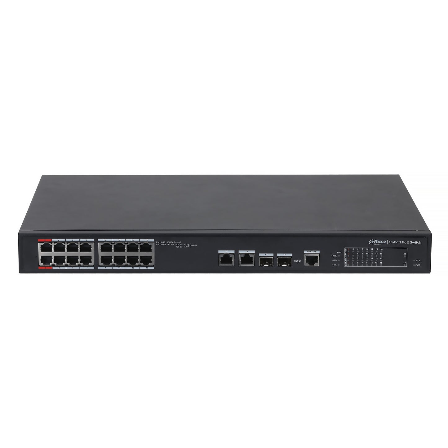 Dahua Layer Two Managed PoE+ Switch, 16 x 10/100 PoE+ (2 x 802.3bt 90W), Max 240W, 2 x Gigabit/SFP Ports (Combo), PoE Watchdog, 240Vac input