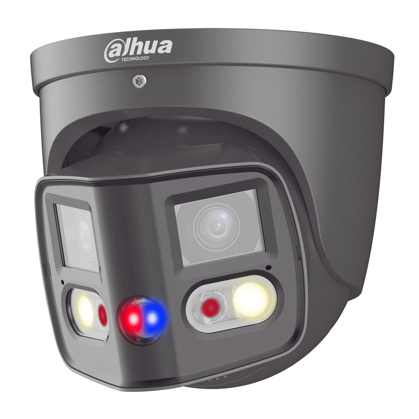 Dahua WizSense 2 x 4MP Duo TiOC 2.0 H.265+ 'Active-Deterrent' Turret, 180 Deg. Spliced Image, SMD Plus, Starlight, WDR, Smart Dual Light, Red & Blue LEDs, Integrated Speaker, Alarm In/Out, Audio In/Out, Mic, SD Card, 2.8mm lens, PoE, 12Vdc, Grey